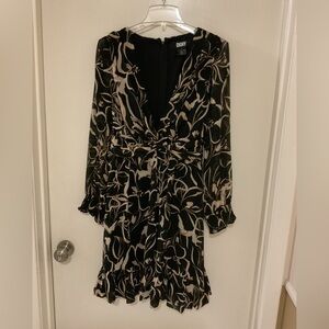 DKNY Long Sleeve Dress with Black and Cream Floral Design